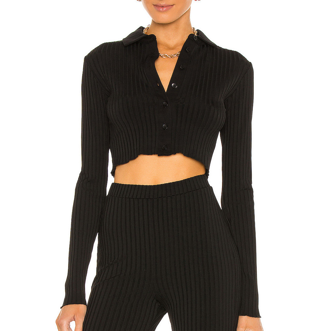 WOMEN HOT SEXY BODYCON BLACK BUTTON UP SUMMER RIBBED KNIT LONG SLEEVE CROPPED TOPS SWEATER CARDIGANS